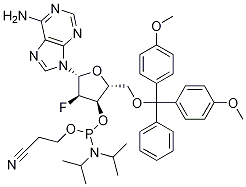 (2R,3R,4R,5R)-5-(6-氨基-9H-嘌呤-9-基)-2-((双(4-甲氧基苯基)(苯基)甲氧基)甲基)-4-氟四氢呋喃-3-(2-氰基乙基)二异丙基亚磷酰胺 结构式