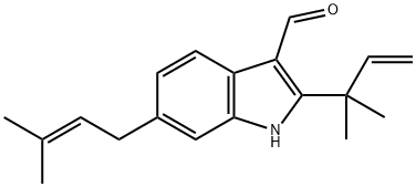 2-(1,1-Dimethyl-2-propenyl)-6-(3-methyl-2-butenyl)-1H-indole-3-carbaldehyde 结构式