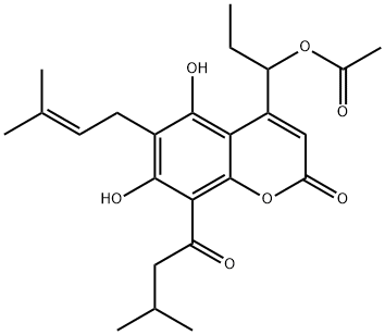 4-(1-Acetoxypropyl)-5,7-dihydroxy-6-(3-methyl-2-butenyl)-8-(3-methylbutyryl)-2H-1-benzopyran-2-one 结构式