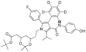 (6-2-[2-(4-Fluoro-phenyl)-4-(4-hydroxy-phenylcarbamoyl)-5-isopropyl-3-phenyl-D5-pyrrol-1-yl]-ethyl-2,2-dimethyl-[1,3]-dioxane-4-yl)-acetic Acid, tert-Butyl Ester 结构式