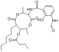 丁酸-3-[(3-甲酰-2-羟基苯甲酰基)氨基]-8-己基-2,6-二甲基-4,9-二氧-1,5-二酰-7-酯 结构式