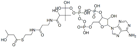 [5-(6-aminopurin-9-yl)-4-hydroxy-2-[[hydroxy-[hydroxy-[3-hydroxy-3-[2-[2-(3-hydroxybutanoylsulfanyl)ethylcarbamoyl]ethylcarbamoyl]-2,2-dimethyl-propoxy]-phosphoryl]oxy-phosphoryl]oxymethyl]oxolan-3-yl]oxyphosphonic acid 结构式