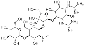 4-O-[2-O-[4-O-β-D-Mannopyranosyl-2-(methylamino)-2-deoxy-α-L-glucopyranosyl]-3-formyl-α-L-lyxofuranosyl]-N,N'-bis(aminoiminomethyl)-D-streptamine 结构式
