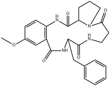 1,2,3,5,6,7,8,9,10,11,12,17,18,18a-Tetradecahydro-10-benzyl-14-methoxypyrrolo[1,2-a][1,4,8,11]benzotetraazacyclotetradecine-5,9,12,18-tetrone 结构式