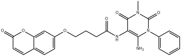 Butanamide,  N-(6-amino-1,2,3,4-tetrahydro-3-methyl-2,4-dioxo-1-phenyl-5-pyrimidinyl)-4-[(2-oxo-2H-1-benzopyran-7-yl)oxy]- 结构式