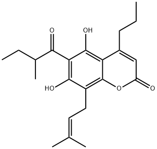 5,7-Dihydroxy-8-(3-methyl-2-butenyl)-6-(2-methyl-1-oxobutyl)-4-propyl-2H-1-benzopyran-2-one 结构式