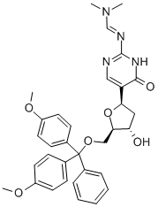 N'-[5-[5-O-[二(4-甲氧基苯基)苯基甲基]-2-脱氧-BETA-D-赤式-呋喃戊糖基]-1,4-二氢-4-氧代-2-嘧啶基]-N,N-二甲基甲脒 结构式