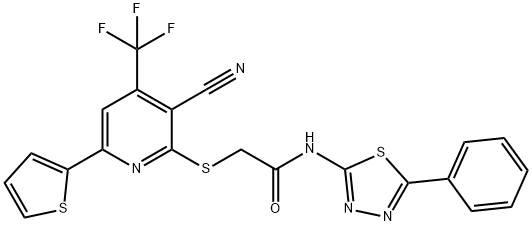2-{[3-cyano-6-(2-thienyl)-4-(trifluoromethyl)-2-pyridinyl]sulfanyl}-N-(5-phenyl-1,3,4-thiadiazol-2-yl)acetamide 结构式