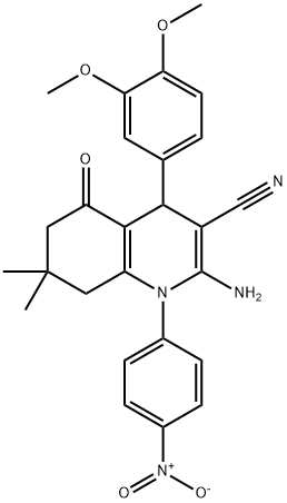 2-amino-4-(3,4-dimethoxyphenyl)-7,7-dimethyl-1-(4-nitrophenyl)-5-oxo-1,4,5,6,7,8-hexahydro-3-quinolinecarbonitrile 结构式