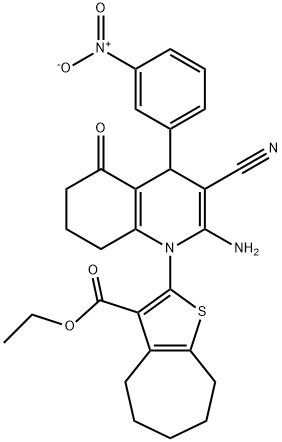 ethyl 2-(2-amino-3-cyano-4-{3-nitrophenyl}-5-oxo-5,6,7,8-tetrahydro-1(4H)-quinolinyl)-5,6,7,8-tetrahydro-4H-cyclohepta[b]thiophene-3-carboxylate 结构式