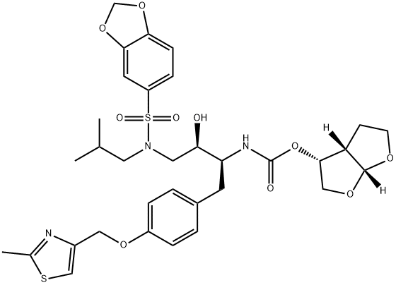 [(1R,5S,6R)-2,8-dioxabicyclo[3.3.0]oct-6-yl] N-[(2S,3R)-4-(benzo[1,3]dioxol-5-ylsulfonyl-(2-methylpropyl)amino)-3-hydroxy-1-[4-[(2-methyl-1,3-thiazol-4-yl)methoxy]phenyl]butan-2-yl]carbamate 结构式