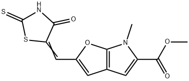 6H-Furo[2,3-b]pyrrole-5-carboxylic  acid,  6-methyl-2-[(4-oxo-2-thioxo-5-thiazolidinylidene)methyl]-,  methyl  ester 结构式