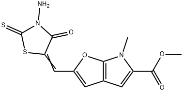 6H-Furo[2,3-b]pyrrole-5-carboxylic  acid,  2-[(3-amino-4-oxo-2-thioxo-5-thiazolidinylidene)methyl]-6-methyl-,  methyl  ester 结构式