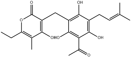 3-[4-Acetyl-2,3,6-trihydroxy-5-(3-methyl-2-butenyl)benzyl]-6-ethyl-4-hydroxy-5-methyl-2H-pyran-2-one 结构式