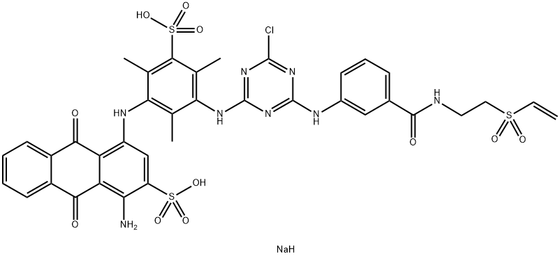 2-Anthracenesulfonic acid, 1-amino-4-[[3-[[4-chloro-6-[[3-[[[2-(ethenylsulfonyl)ethyl]amino]carbonyl]phenyl]amino]-1,3,5-triazin-2-yl]amino]-2,4,6-trimethyl-5-sulfophenyl]amino]-9,10-dihydro-9,10-dioxo-, disodium salt 结构式