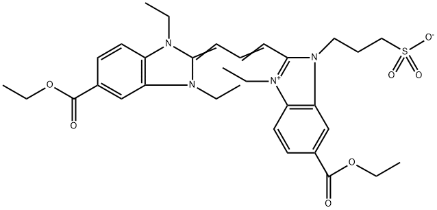 5-CARBETHOXY-1-ETHYL-3-(3-SULFOPROPYL)-2-[3-(5-CARBETHOXY-1,3-DIETHYL-1,3-DIHYDRO-2H-BENZIMIDAZOL-2-YLIDENE)-1-PROPENYL]-1H-BENZIMIDAZOLIUM INNER SALT 结构式