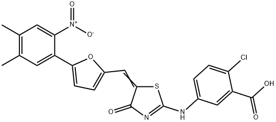 2-Chloro-5-[[5-[[5-(4,5-Dimethyl-2-nitrophenyl)-2-furanyl]methylene]-4,5-dihydro-4-oxo-2-thiazolyl]amino]benzoicacid 结构式