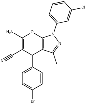 6-amino-4-(4-bromophenyl)-1-(3-chlorophenyl)-3-methyl-1,4-dihydropyrano[2,3-c]pyrazole-5-carbonitrile 结构式