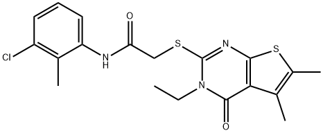 N-(3-chloro-2-methylphenyl)-2-[(3-ethyl-5,6-dimethyl-4-oxo-3,4-dihydrothieno[2,3-d]pyrimidin-2-yl)sulfanyl]acetamide 结构式