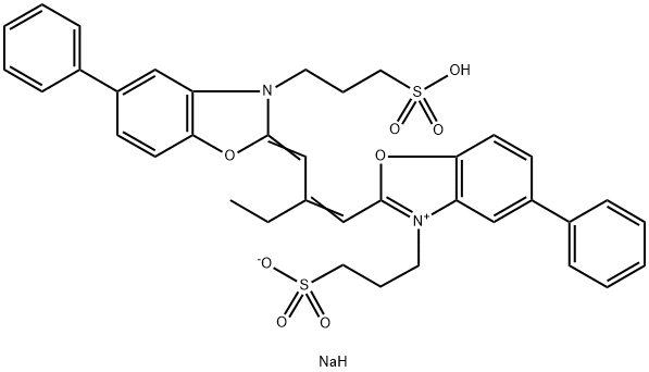 5-苯基-2-[2-[[5-苯基-3-(3-磺酸丙基)-2(3H)-苯并恶唑亚基]甲基]-1-丁烯基]-3-(3-磺酸丙基)苯并恶唑内翁钠盐 结构式