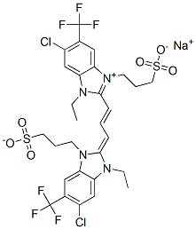 5-氯-2-[3-[5-氯-1-乙基-1,3-二氢-1-(3-磺酸丙基)-6-三氟甲基-2H-苯并咪唑-2-亚基]-1-亚丙烯基]-3-乙基-1-(3-磺酸丙基)-6-三氟甲基-1H-苯并咪唑内翁钠盐 结构式