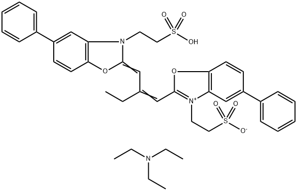 5-苯基-2-[2-[[5-苯基-3-(3-磺酸丙基)-2(3H)-苯并恶唑亚基]甲基]-1-丁烯基]-3-(3-磺酸丙基)-苯并恶唑翁内盐三乙胺盐 结构式