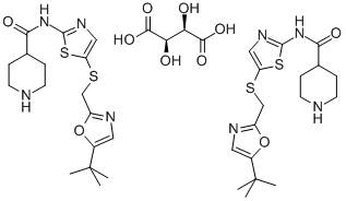 N-[5-[[[5-(1,1-二甲基乙基)-2-恶唑基]甲基]硫基]-2-噻唑基]-4-哌啶甲酰胺 L-酒石酸盐 (2:1) 结构式