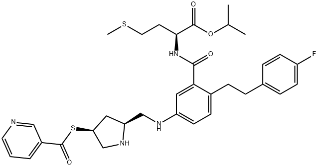 N-[2-[2-(4-氟苯基)乙基]-5-[[[(2S,4S)-4-[(3-吡啶羰基)硫代]-2-吡咯啉]甲基]氨基]苄基]-L-蛋氨酸 1-甲基乙酯 结构式
