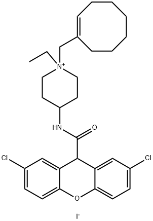 1,4-CIS-1-(1-CYCLOOCTEN-1-YLMETHYL)-4-[[(2,7-DICHLORO-9H-XANTHEN-9-YL)CARBONYL]AMINO]-1-ETHYLPIPERIDINIUM IODIDE 结构式