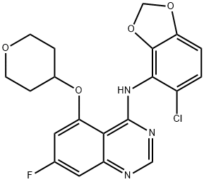 4-(6-氯-2,3-亚甲基二氧基苯胺)-7-氟-5-四氢吡喃-4-基氧基喹唑啉 结构式