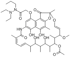 Acetic acid, ((1,2-dihydro-5,6,17,19,21-pentahydroxy-23-methoxy-2,4,12 ,16,18,20,22-heptamethyl-1,11-dioxo-2,7-(epoxypentadeca(1,11,13)trieni mino)naphtho(2,1-b)furan-9-yl)oxy)-, 21-acetate, 2,2-diethyl-1-propylh ydrazide 结构式