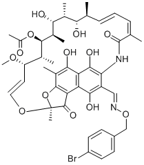 2,7-(Epoxypentadeca(1,11,13)trienimino)naphtho(2,1-b)furan-1,11(2H)-di one, 3-formyl-5,6,9,17,19,21-hexahydroxy-23-methoxy-2,4,12,16,18,20,22 -heptamethyl-, 21-acetate, O-(4-bromobenzyl)oxime 结构式