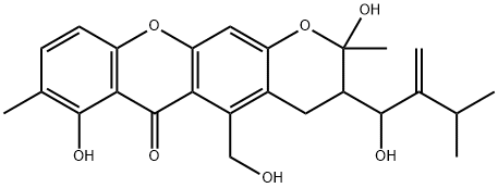 3,4-Dihydro-2,7-dihydroxy-5-hydroxymethyl-3-(1-hydroxy-3-methyl-2-methylenebutyl)-2,8-dimethyl-2H,6H-pyrano[3,2-b]xanthen-6-one 结构式