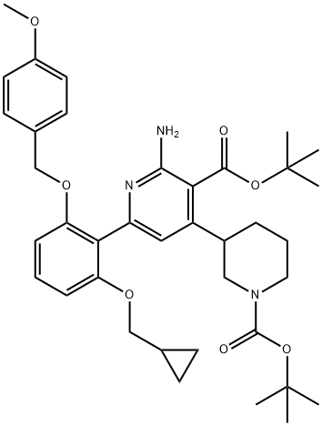 3-Pyridinecarboxylic acid, 2-amino-6-[2-(cyclopropylmethoxy)-6-[(4-methoxyphenyl)methoxy]phenyl]-4-[1-[(1,1-dimethylethoxy)carbonyl]-3-piperidinyl]-, 1,1-dimethylethyl ester 结构式