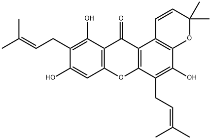 5,9,11-Trihydroxy-3,3-dimethyl-6,10-bis(3-methyl-2-butenyl)pyrano[3,2-a]xanthen-12(3H)-one 结构式