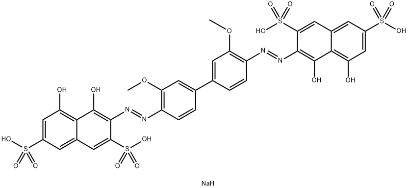 tetrasodium 3,3'-[(3,3'-dimethoxy[1,1'-biphenyl]-4,4'-diyl)bis(azo)]bis[4,5-dihydroxynaphthalene-2,7-disulphonate]  结构式