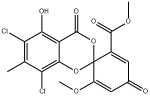 6,8-Dichloro-5-hydroxy-6'-methoxy-7-methyl-4,4'-dioxospiro[4H-1,3-benzodioxin-2,1'-[2,5]cyclohexadiene]-2'-carboxylic acid methyl ester 结构式