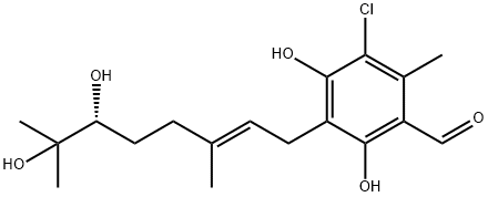 3-Chloro-5-[(E)-6,7-dihydroxy-3,7-dimethyl-2-octenyl]-4,6-dihydroxy-2-methylbenzaldehyde 结构式
