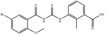 3-[[[(5-BROMO-2-METHOXYBENZOYL)AMINO]THIOXOMETHYL]AMINO]-2-METHYL-BENZOIC ACID 结构式