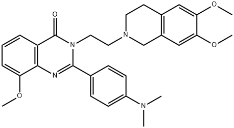 4(3H)-Quinazolinone,  3-[2-(3,4-dihydro-6,7-dimethoxy-2(1H)-isoquinolinyl)ethyl]-2-[4-(dimethylamino)phenyl]-8-methoxy- 结构式