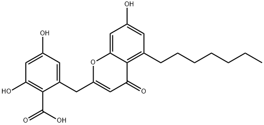 2-[(5-Heptyl-7-hydroxy-4-oxo-4H-1-benzopyran-2-yl)methyl]-4,6-dihydroxybenzoic acid 结构式