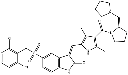 (2R)-1-[[5-[(Z)-[5-[[(2,6-二氯苯基)甲基]磺酰]-1,2-二氢-2-氧代-3H-吲哚-3-亚基]甲基]-2,4-二甲基-1H-吡咯-3-基]羰基]-2-(1-吡咯烷甲基)吡咯烷 结构式