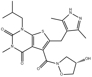 (S)-6-[(3,5-二甲基-1H-吡唑-4-基)甲基]-5-[(4-羟基异唑烷-2-基)羰基]-1-异丁基-3-甲基噻吩并[2,3-D]嘧啶-2,4(1H,3H)-二酮 结构式