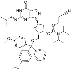 5'-O-(4,4'-DIMETHOXYTRITYL)-N2-DIMETHYLAMINOMETHYLENE-8-AZA-7-DEAZA-2'-DEOXYGUANOSINE, 3'-[(2-CYANOETHYL)-(N,N-DIISOPROPYL)]PHOSPHORAMIDITE 结构式