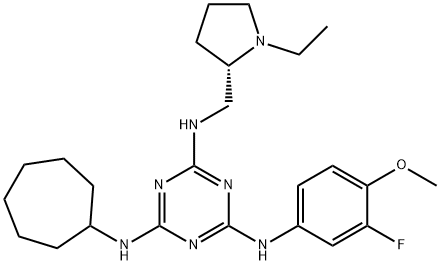 1,3,5-Triazine-2,4,6-triaMine, N-cycloheptyl-N'-[[(2S)-1-ethyl-2-pyrrolidinyl]Methyl]-N''-(3-fluoro-4-Meth oxyphenyl)- 结构式