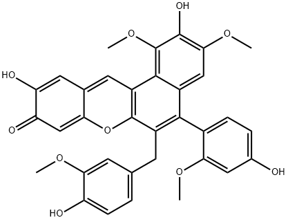 2,10-dihydroxy-5-(4-hydroxy-2-methoxyphenyl)-6-[(4-hydroxy-3-methoxyphenyl)methyl]-1,3-dimethoxy-9H-benzo[a]xanthen-9-one 结构式