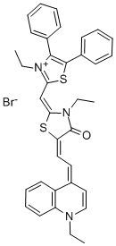 3-ETHYL-2-(3-ETHYL-4,5-DIPHENYL-THIAZOLIUM-2-YL-METHYLENE)-5-[2-(1-ETHYL-1H-QUINOLIN-4-YLIDENE)-ETHYLIDENE]-THIAZOLIDIN-4-ONE BROMIDE 结构式