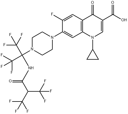 3-Quinolinecarboxylic acid, 1-cyclopropyl-6-fluoro-1,4-dihydro-4-oxo-7-[4-[2,2,2-trifluoro-1-(trifluoroMethyl)-1-[[3,3,3-trifluoro-1-oxo-2-(trifluoroMethyl)propyl]aMino]ethyl]-1-piperazinyl]- 结构式