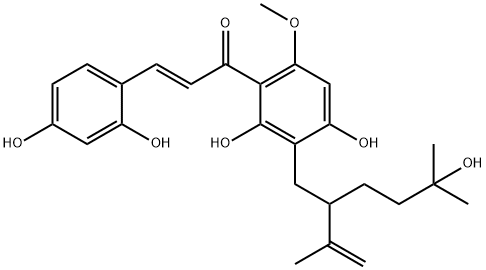 (2E)-1-[2,4-Dihydroxy-3-[5-hydroxy-5-methyl-2-(1-methylethenyl)hexyl]-6-methoxyphenyl]-3-(2,4-dihydroxyphenyl)-2-propen-1-one 结构式