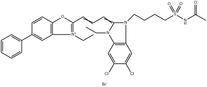 2-[3-[1-[4-[(acetamido)sulphonyl]butyl]-5,6-dichloro-3-ethyl-1,3-dihydro-2H-benzimidazol-2-ylidene]prop-1-enyl]-3-ethyl-5-phenylbenzoxazolium bromide 结构式